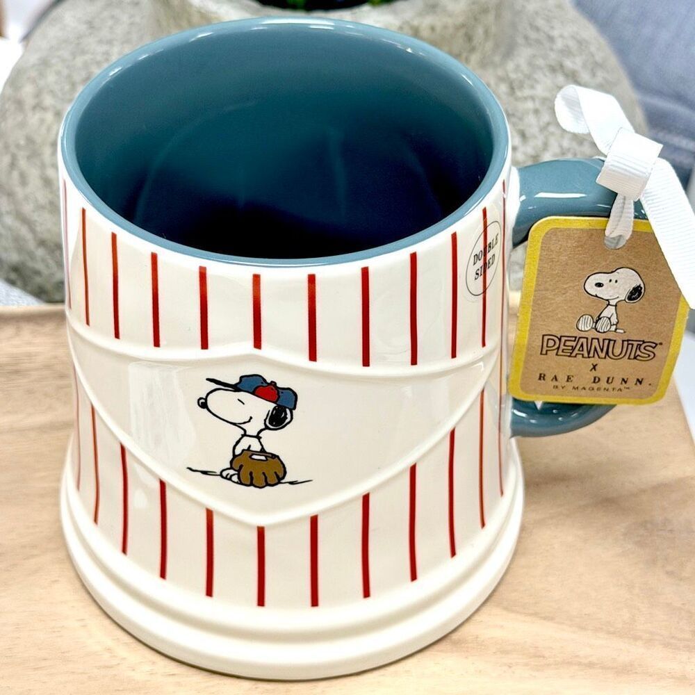 NWT Gorgeous Rae Dunn Peanuts Snoopy Play Ball Baseball Double Sided Big Mug - Picture 6 of 12
